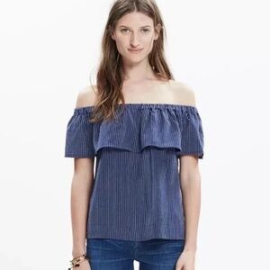 Madewell Navy Blue Silk Satin Balcony Off the Shoulder Top Blouse Ruffle, Size S
